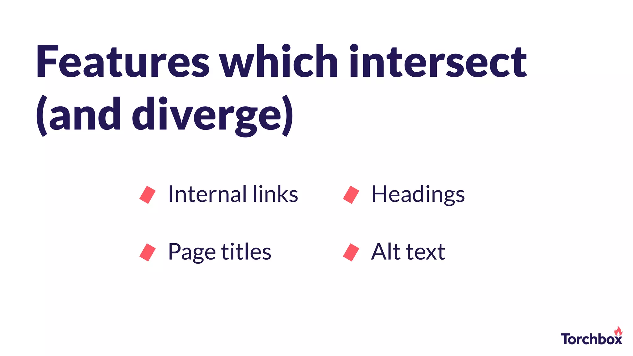 Features which intersect
(and diverge)
Internal links
Page titles
Headings
Alt text
 