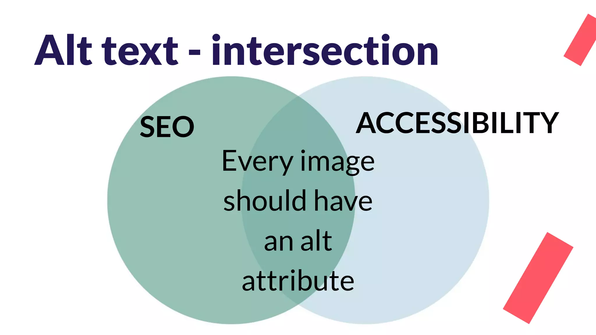 Alt text - intersection
Every image
should have
an alt
attribute
SEO ACCESSIBILITY
 