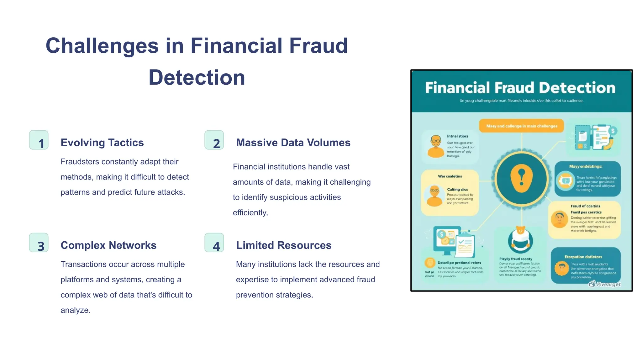 Challenges in Financial Fraud
Detection
1 Evolving Tactics
Fraudsters constantly adapt their
methods, making it difficult to detect
patterns and predict future attacks.
2 Massive Data Volumes
Financial institutions handle vast
amounts of data, making it challenging
to identify suspicious activities
efficiently.
3 Complex Networks
Transactions occur across multiple
platforms and systems, creating a
complex web of data that's difficult to
analyze.
4 Limited Resources
Many institutions lack the resources and
expertise to implement advanced fraud
prevention strategies.
 