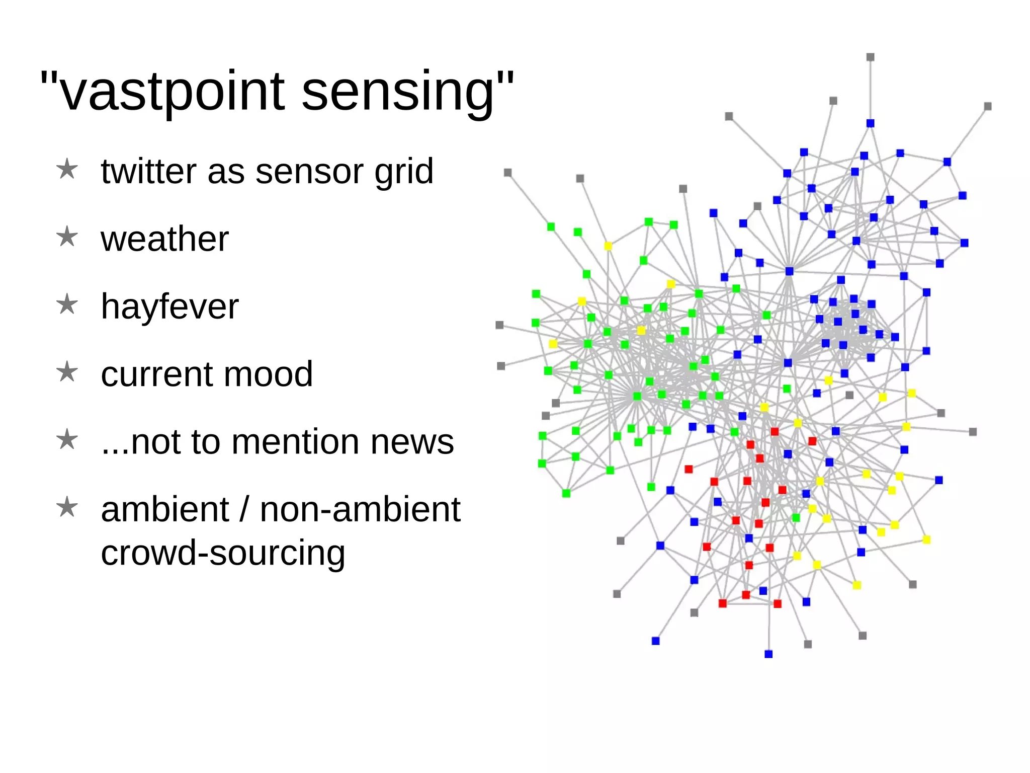 "vastpoint sensing" twitter as sensor grid weather hayfever current mood ...not to mention news ambient / non-ambient  crowd-sourcing 