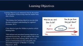 Learning Objectives
Learning Objectives are statements form by the teacher
for the purpose of discovering what the student learn
after a lesson.
• “Developing clear learning objectives can also help
develop conceptual understanding for cognition”
(Newman, 2013).
• Clear objectives gets the children to practice critical
thinking skills
• “Well-defined and articulated learning objectives are
important because they provide students with a clear
purpose to focus their learning efforts, direct your
choice of instructional activities and guide your
assessment strategies” (("Module 3: Learning
Objectives", 2018)
 