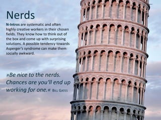 »Be nice to the nerds.
Chances are you‘ll end up
working for one.« BILL GATES
Nerds
N-Intros are systematic and often
highly creative workers in their chosen
fields. They know how to think out of
the box and come up with surprising
solutions. A possible tendency towards
Asperger’s syndrome can make them
socially awkward.
 