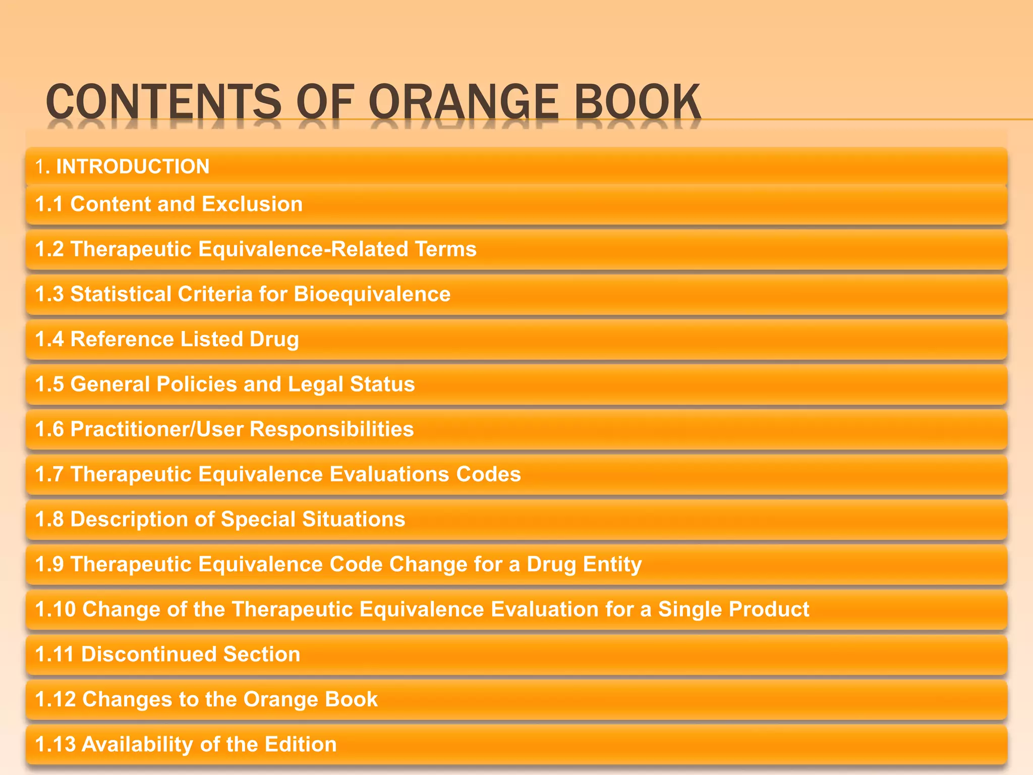 CONTENTS OF ORANGE BOOK
1. INTRODUCTION
1.1 Content and Exclusion
1.2 Therapeutic Equivalence-Related Terms
1.3 Statistical Criteria for Bioequivalence
1.4 Reference Listed Drug
1.5 General Policies and Legal Status
1.6 Practitioner/User Responsibilities
1.7 Therapeutic Equivalence Evaluations Codes
1.8 Description of Special Situations
1.9 Therapeutic Equivalence Code Change for a Drug Entity
1.10 Change of the Therapeutic Equivalence Evaluation for a Single Product
1.11 Discontinued Section
1.12 Changes to the Orange Book
1.13 Availability of the Edition
 
