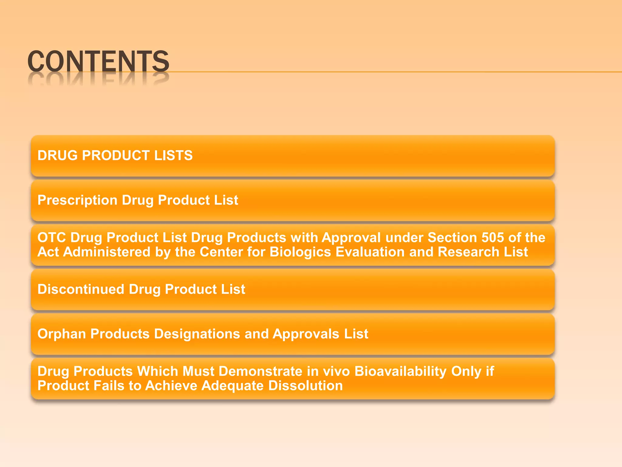 CONTENTS
DRUG PRODUCT LISTS
Prescription Drug Product List
OTC Drug Product List Drug Products with Approval under Section 505 of the
Act Administered by the Center for Biologics Evaluation and Research List
Discontinued Drug Product List
Orphan Products Designations and Approvals List
Drug Products Which Must Demonstrate in vivo Bioavailability Only if
Product Fails to Achieve Adequate Dissolution
 