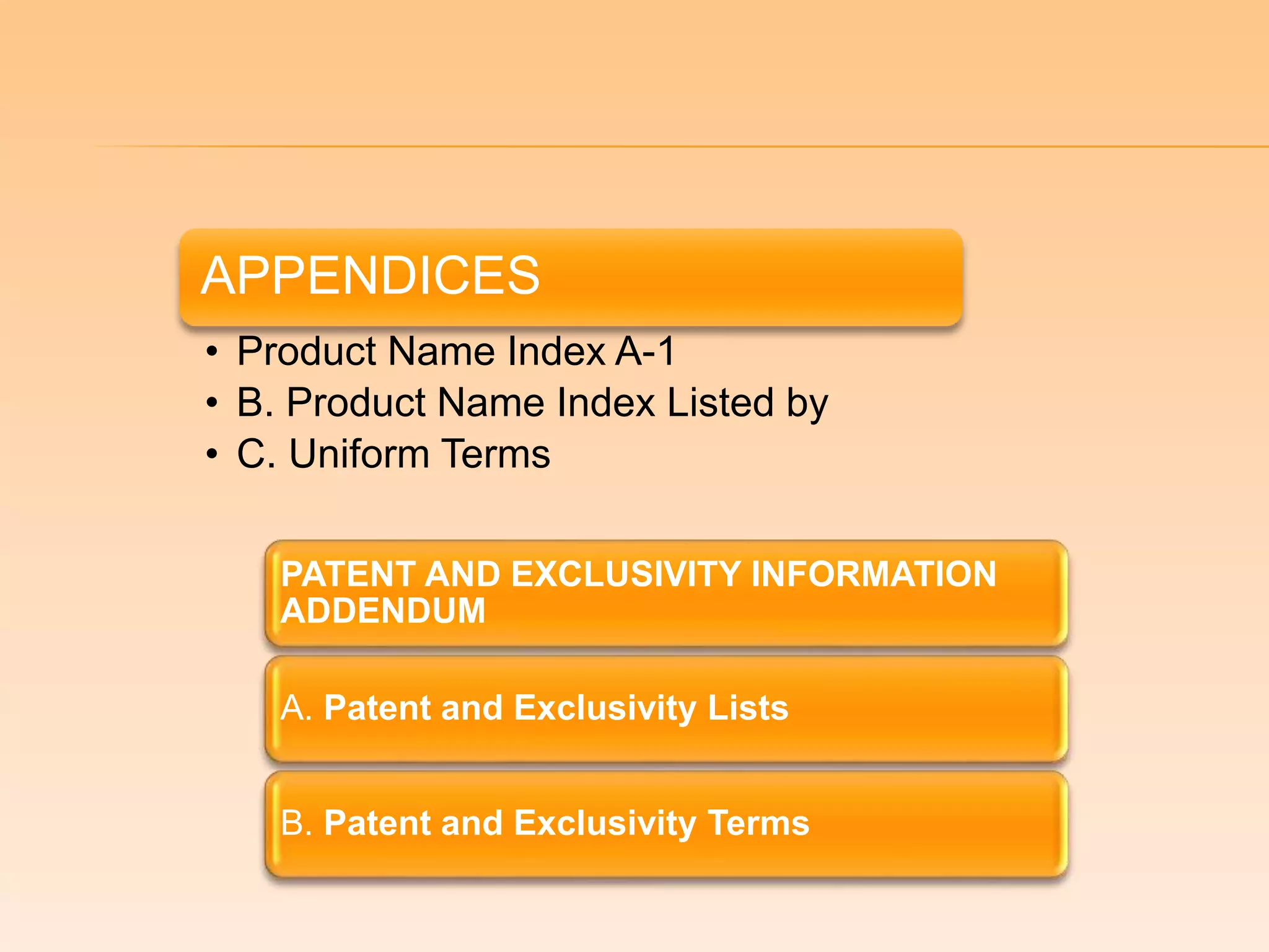 APPENDICES
• Product Name Index A-1
• B. Product Name Index Listed by
• C. Uniform Terms
PATENT AND EXCLUSIVITY INFORMATION
ADDENDUM
A. Patent and Exclusivity Lists
B. Patent and Exclusivity Terms
 