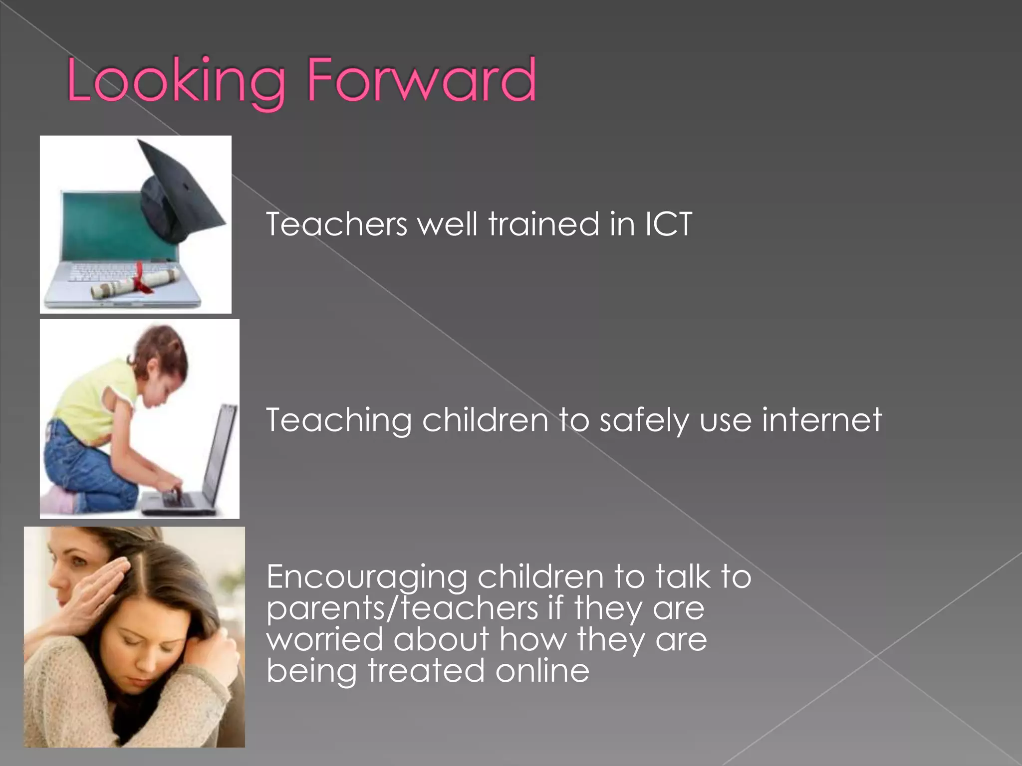 Teachers well trained in ICT




Teaching children to safely use internet



Encouraging children to talk to
parents/teachers if they are
worried about how they are
being treated online
 