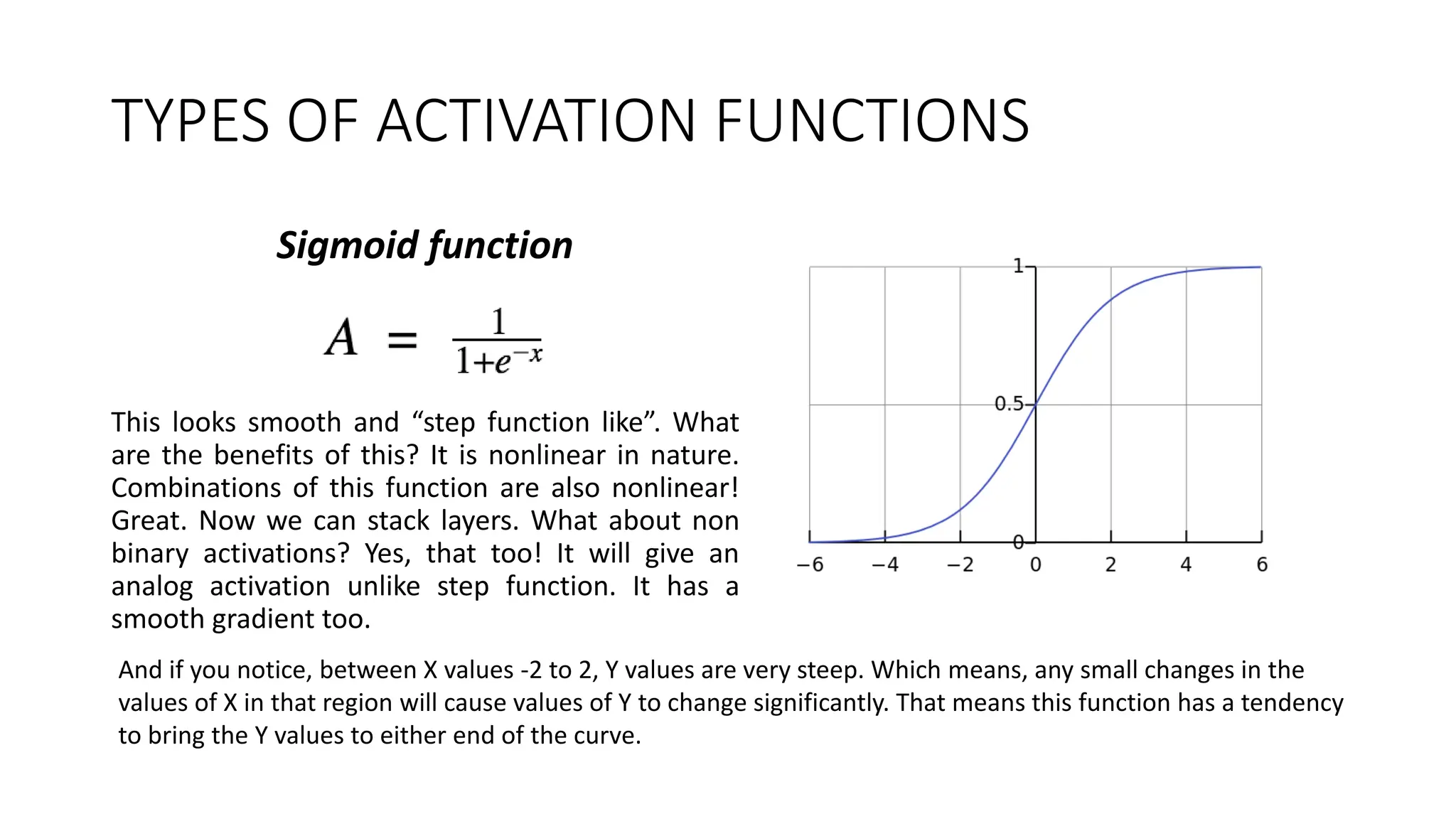 TYPES OF ACTIVATION FUNCTIONS
Sigmoid function
This looks smooth and “step function like”. What
are the benefits of this? It is nonlinear in nature.
Combinations of this function are also nonlinear!
Great. Now we can stack layers. What about non
binary activations? Yes, that too! It will give an
analog activation unlike step function. It has a
smooth gradient too.
And if you notice, between X values -2 to 2, Y values are very steep. Which means, any small changes in the
values of X in that region will cause values of Y to change significantly. That means this function has a tendency
to bring the Y values to either end of the curve.
 