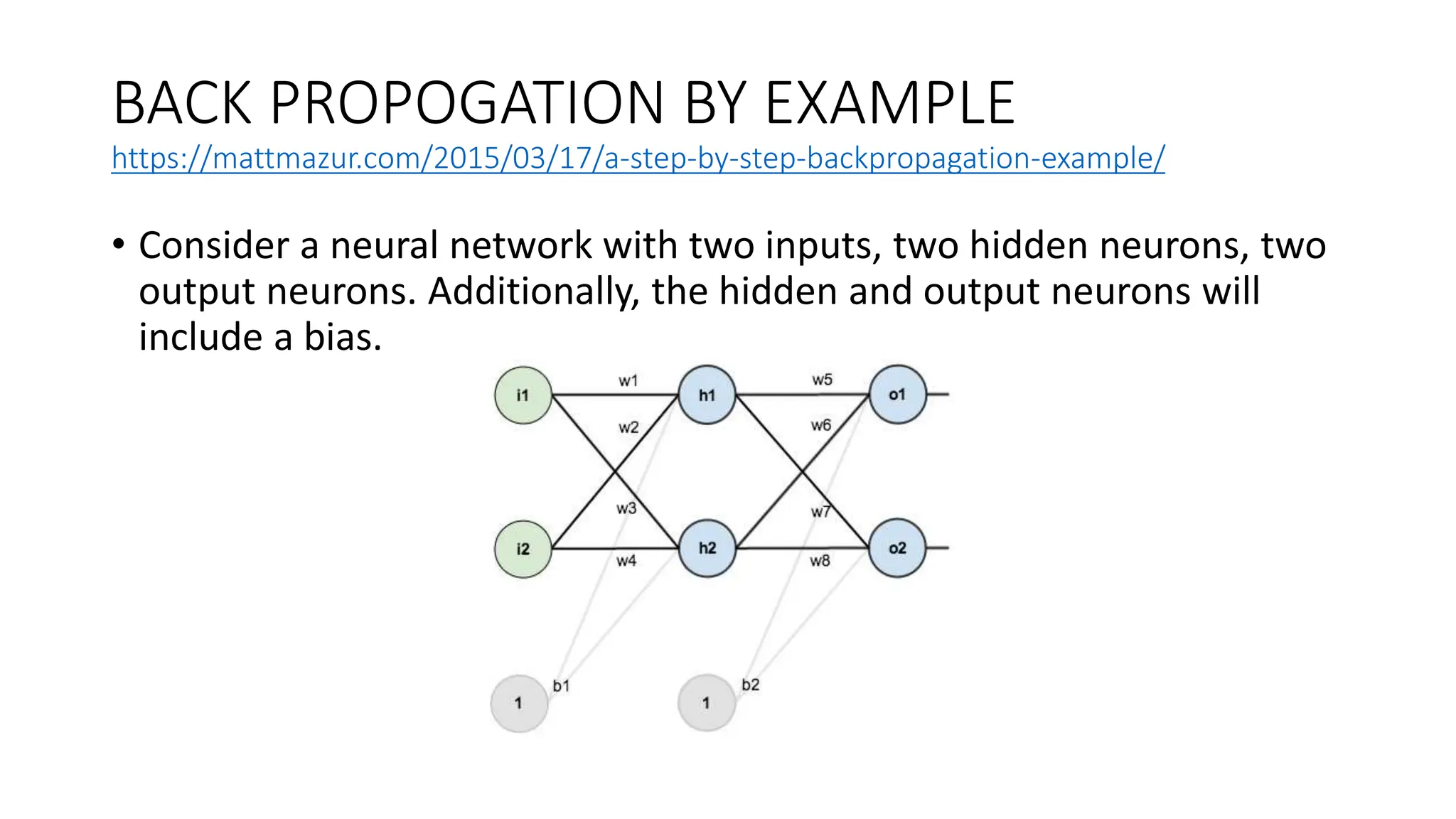 BACK PROPOGATION BY EXAMPLE
https://mattmazur.com/2015/03/17/a-step-by-step-backpropagation-example/
• Consider a neural network with two inputs, two hidden neurons, two
output neurons. Additionally, the hidden and output neurons will
include a bias.
 