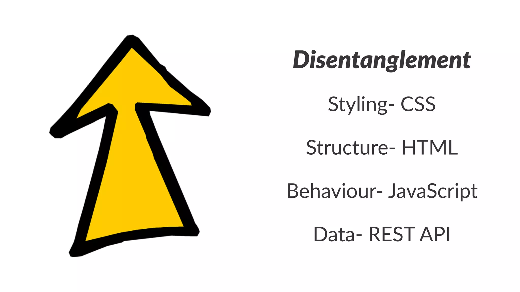 Disentanglement
Styling()CSS
Structure'(HTML
Behaviour*+JavaScript
Data$%REST%API
 