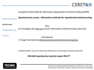 European Partnership for Alternative Approaches to Animal Testing (EPAA)
Whole Embryo Culture
DB-ALM report
Simplified WEC Assay
Summary

Questionnaire survey - Alternative methods for reproductive toxicity testing
Aim:
to investigate the real use of each alternative method among industries
Participants:
11 large international pharmaceutical and chemical companies

ECVAM DataBase service on Alternative Methods to animal experimentation (DB-ALM)

DB-ALM reproductive toxicity report 2011[3]

[3]:http://ec.europa.eu/enterprise/epaa/2_activities/2_3_comm_and_
dissem/report_alternative_methods_reproductive_toxicity_testing.pdf

 
