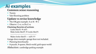 AI examples
Common sense reasoning
 Tweety
 Yale Shooting problem
Update vs revise knowledge
 The OR gate example: A or B - C
 Observe C=0, vs Do C=0
Chaining theories of actions
Looks-like(P)  is(P)
Make-looks-like(P)  Looks-like(P)
----------------------------------------
Makes-looks-like(P) --- is(P) ???
Garage-door example: garage door not included.
 Planning benchmarks
 8-puzzle, 8-queen, block world, grid-space world
Abduction: cambridge parking example
 