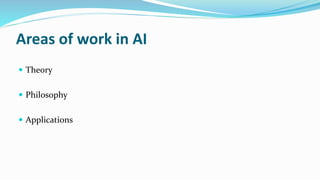 Areas of work in AI
 Theory
 Philosophy
 Applications
 