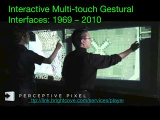 http://link.brightcove.com/services/player/bcpid713271701?bclid=713073346&bctid=709364416   Interactive Multi-touch Gestural Interfaces: 1969 – 2010 