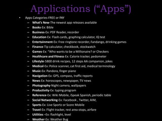 Applications (“Apps”)Apps Categories-FREE or PAYWhat’s New-The newest app releases availableBooks-Ex: BibleBusiness-Ex: PDF Reader, recorderEducation-Ex: Flash cards, graphing calculator, IQ testEntertainment-Ex: Free ringtone recorder, Fandango, drinking games Finance-Tip calculator, checkbook, stockwatchGames-Ex: “Who wants to be a Millionaire? or CheckersHealthcare and Fitness-Ex: Calorie tracker, pedometerLifestyle-5800 drink recipes, 12 steps AA companion, jokesMedical-Ex: Police scanner, cat first aid, medical terminologyMusic-Ex: Pandora, finger pianoNavigation-Ex: GPS, compass, traffic reportsNews-Ex: horoscopes, newspaper, TV newsPhotography-Night camera, wallpapersProductivity-Ex: typing programReference-Ex: Wiki Mobile, iSpeak Spanish, periodic tableSocial Networking-Ex: Facebook , Twitter, AIM, Sports-Ex: Live Sportz or Score Mobile Travel-Ex: Flight tracker, rest area stops, airfareUtilities –Ex: flashlight, levelWeather-Ex: Weather Bug