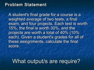 Problem Statement

 A student's final grade for a course is a
 weighted average of two tests, a final
 exam, and four projects. Each test is worth
 15%, the final is worth 30%, and the
 projects are worth a total of 40% (10%
 each). Given a student's grades for all of
 these assignments, calculate the final
 score.


   What output/s are require?
 