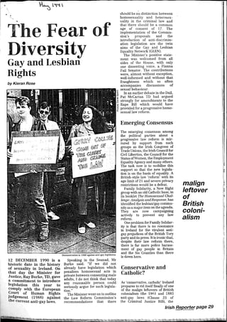The Fear of Diversity: Gay and Lesbian Rights by Kieran Rose in The Irish Reporter 1991