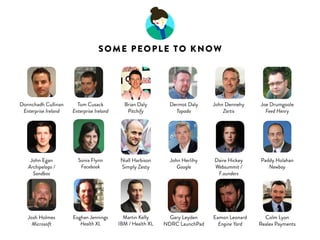 Karl Aherne 
Wayra 
SOME PEOPLE TO KNOW 
Nick Ashmore 
NPRF 
Sean Blanchfield 
PageFair 
Ed Byrne 
Xenon Ventures 
Richard Barnwell 
Digit/Jagex 
Gavin Bourke 
Nebula Ventures 
Keith Bohanna 
IIA 
John Breslin 
NUIG 
Simone Boswell 
Enterprise Ireland 
Paul Campbell 
Tito 
Dylan Collins 
Box of Awesome 
Donal Cahalane 
Trustev 
Terence Bowden 
Propellor Accelerator 
Sean Baker 
Incaplex 
Russell Banks 
Investor Sheet 
Brian Caulfield 
DFJ Esprit 
Niamh Bushnell 
Startup Commissioner 
Tim Arnold 
Hailo 
 