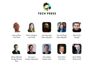 SOME PEOPLE TO KNOW 
Barry Smyth 
UCD 
James Whelton 
CoderDojo 
Anna Scally 
KPMG 
Aileen O’Malley 
SOvH Partners 
Barry O’Dowd 
IDA 
John O’Dwyer 
AIB 
Paul O’Dea 
Selected Strategies 
Noel Ruane 
Polaris 
Pat Phelan 
Trustev 
Nicola Riordan 
Nua Marketing 
Raomal Perera 
Thousand Seeds 
Ronan Perceval 
Phorest 
 