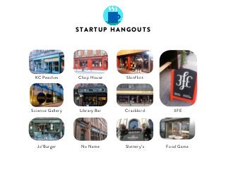 STARTUP HANGOUTS 
KC Peaches Chop House Skinflint 
Jo’Burger 
Library Bar Crackbird 3FE 
No Name Slattery’s Food Game 
Science Gallery 
 