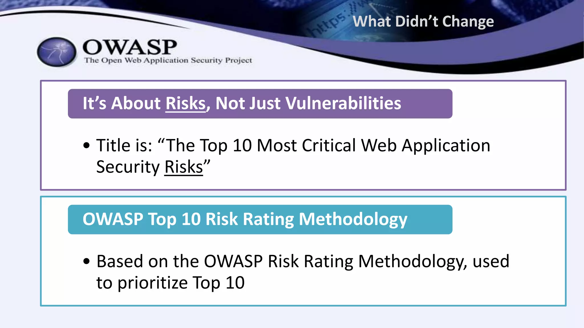 What Didn’t Change
• Title is: “The Top 10 Most Critical Web Application
Security Risks”
It’s About Risks, Not Just Vulnerabilities
• Based on the OWASP Risk Rating Methodology, used
to prioritize Top 10
OWASP Top 10 Risk Rating Methodology
 