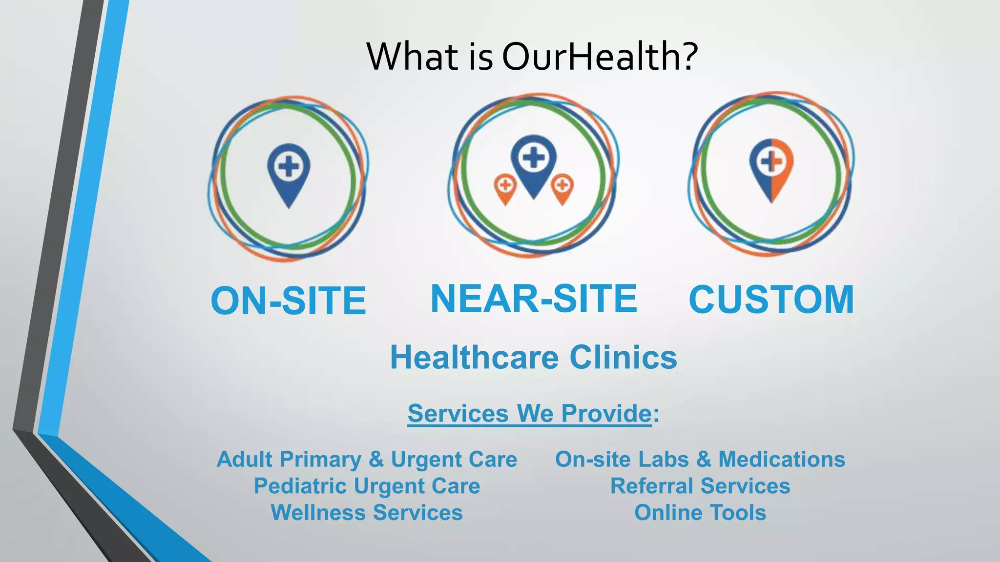 What is OurHealth?
CUSTOMNEAR-SITEON-SITE
Healthcare Clinics
Services We Provide:
Adult Primary & Urgent Care
Pediatric Urgent Care
Wellness Services
On-site Labs & Medications
Referral Services
Online Tools
 