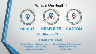 What is OurHealth?
CUSTOMNEAR-SITEON-SITE
Healthcare Clinics
Services We Provide:
Adult Primary & Urgent Care
Pediatric Urgent Care
Wellness Services
On-site Labs & Medications
Referral Services
Online Tools
 