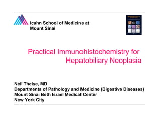 Icahn School of Medicine at 
MMoouunntt SSiinnaaii 
Practical Immunohistochemistry for 
Hepatobiliary Neoplasia 
Neil Theise, MD 
Departments of Pathology and Medicine (Digestive Diseases) 
Mount Sinai Beth Israel Medical Center 
New York City 
 