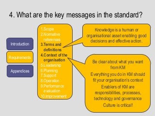 4. What are the key messages in the standard?
Introduction
Requirements
Appendices
1.Scope
2.Normative
references
3.Terms and
definitions
4.Context of the
organisation
5.Leadership
6.Planning
7.Support
8.Operation
9.Performance
evaluation
10.Improvement
Knowledge is a human or
organisational asset enabling good
decisions and effective action.
Be clear about what you want
from KM
Everything you do in KM should
fit your organisation’s context
Enablers of KM are
responsibilities, processes,
technology and governance
Culture is critical!
 