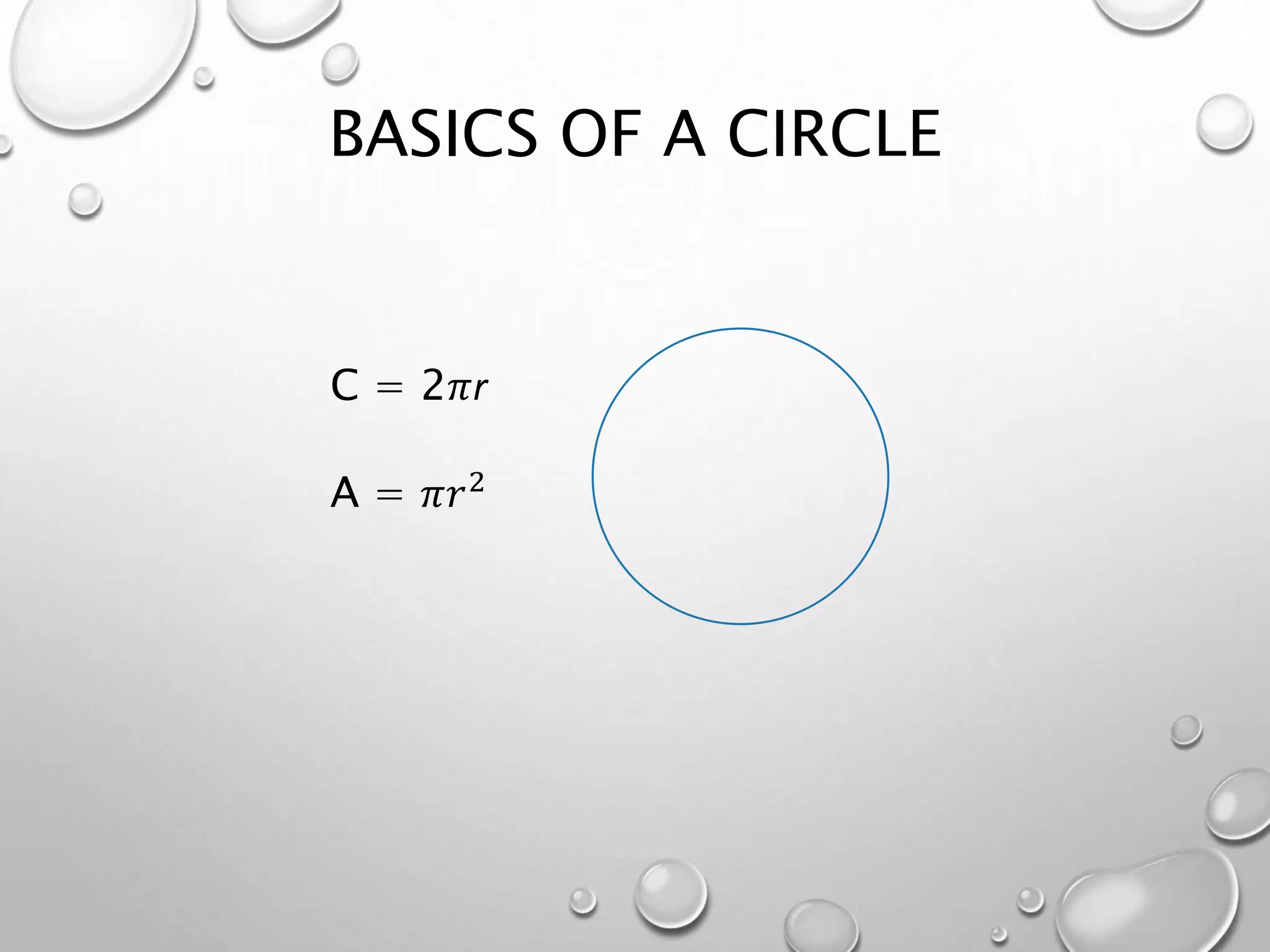 BASICS OF A CIRCLE
C = 2𝜋r
A = 𝜋𝑟2
 