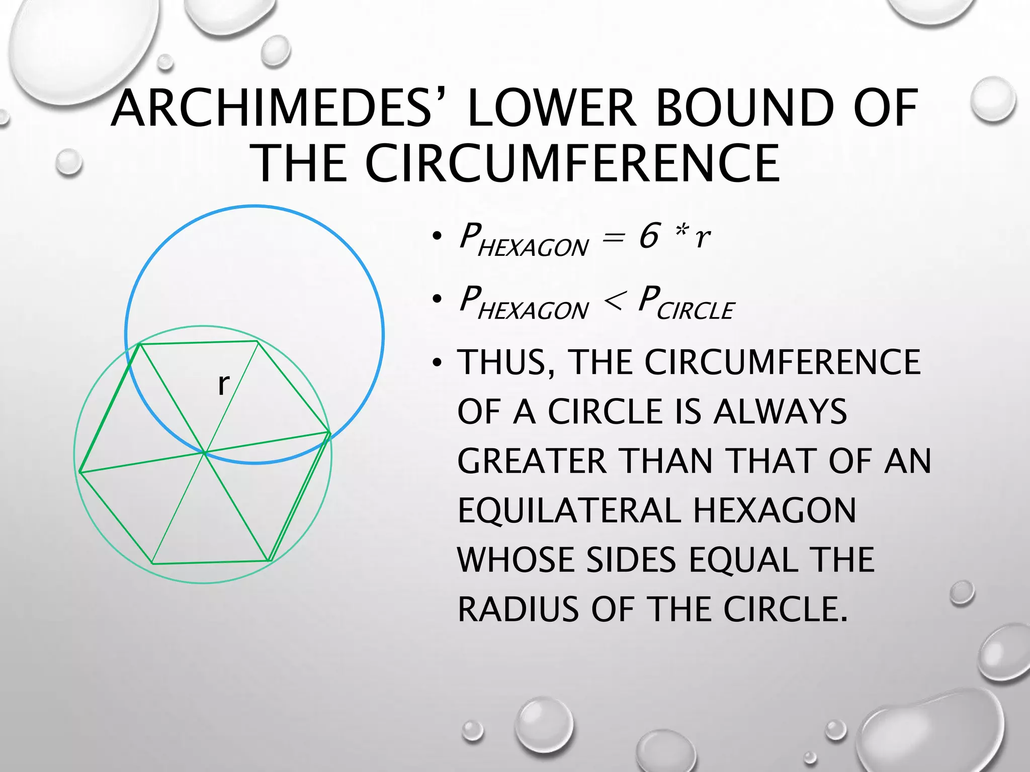 ARCHIMEDES’ LOWER BOUND OF
THE CIRCUMFERENCE
• PHEXAGON = 6 * 𝑟
• PHEXAGON < PCIRCLE
• THUS, THE CIRCUMFERENCE
OF A CIRCLE IS ALWAYS
GREATER THAN THAT OF AN
EQUILATERAL HEXAGON
WHOSE SIDES EQUAL THE
RADIUS OF THE CIRCLE.
r
 