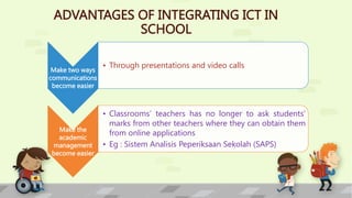 ADVANTAGES OF INTEGRATING ICT IN
SCHOOL
Make two ways
communications
become easier
• Through presentations and video calls
Make the
academic
management
become easier
• Classrooms’ teachers has no longer to ask students’
marks from other teachers where they can obtain them
from online applications
• Eg : Sistem Analisis Peperiksaan Sekolah (SAPS)
 