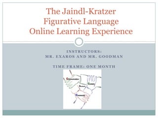 The Jaindl-Kratzer
   Figurative Language
Online Learning Experience

          INSTRUCTORS:
   MR. EXAROS AND MR. GOODMAN

     TIME FRAME: ONE MONTH
 