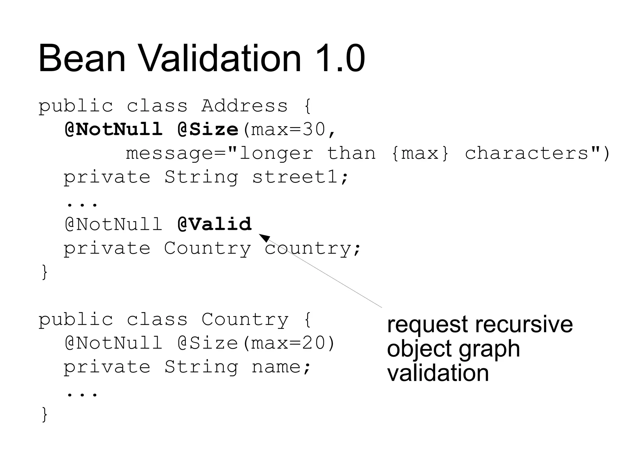 Bean Validation 1.0
public class Address {
  @NotNull @Size(max=30,
       message="longer than {max} characters")
  private String street1;
  ...
  @NotNull @Valid
  private Country country;
}

public class Country {     request recursive
  @NotNull @Size(max=20)   object graph
  private String name;     validation
  ...
}
 