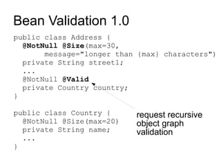 Bean Validation 1.0
public class Address {
  @NotNull @Size(max=30,
       message="longer than {max} characters")
  private String street1;
  ...
  @NotNull @Valid
  private Country country;
}

public class Country {     request recursive
  @NotNull @Size(max=20)   object graph
  private String name;     validation
  ...
}
 