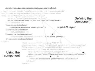 ./web/resources/ezcomp/mycomponent.xhtml
<!DOCTYPE html PUBLIC "-//W3C//DTD XHTML 1.0 Transitional//EN"
"http://www.w3.org/TR/xhtml1/DTD/xhtml1-transitional.dtd">
<html xmlns="http://www.w3.org/1999/xhtml"
      xmlns:h="http://java.sun.com/jsf/html"
      xmlns:composite="http://java.sun.com/jsf/composite">
                                                                       Defining the
    <!-- INTERFACE -->                                                 component
    <composite:interface>
        <composite:attribute name="param"/>            Implicit EL object
    </composite:interface>
    <!-- IMPLEMENTATION -->
    <composite:implementation>
        <h:outputText value="Hello there, #{cc.attrs.param}"/>
    </composite:implementation>
</html>
                    <?xml version='1.0' encoding='UTF-8' ?>
                    <!DOCTYPE html PUBLIC "-//W3C//DTD XHTML 1.0 Transitional//EN"
                    "http://www.w3.org/TR/xhtml1/DTD/xhtml1-transitional.dtd">
                    <html xmlns="http://www.w3.org/1999/xhtml"

   Using the               xmlns:h="http://java.sun.com/jsf/html"
                           xmlns:custom="http://java.sun.com/jsf/composite/ezcomp">
  component             <h:body>
                             <custom:mycomponent param="Devoxx attendees"/>
                        </h:body>
                    </html>
 