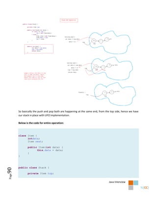 So basically the push and pop both are happening at the same end, from the top side, hence we have
       our stack in place with LIFO implementation.

       Below is the code for entire operation:



       class Item {
             intdata;
             Item next;

              public Item(int data) {
                    this.data = data;
              }
       }



       public class Stack {
90




              private Item top;
Page




                                                                                Java Interview
 