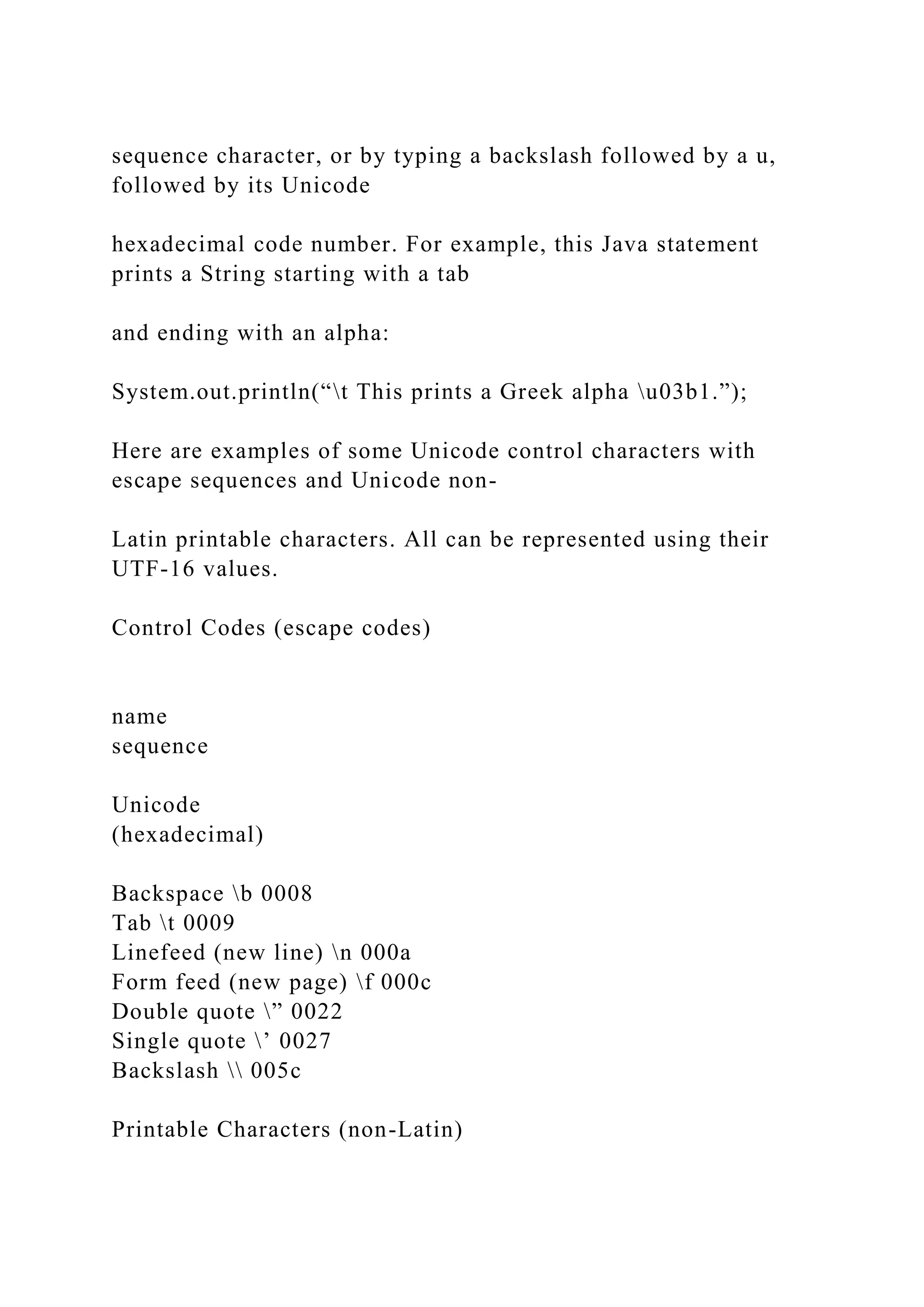 sequence character, or by typing a backslash followed by a u, followed by its Unicode hexadecimal code number. For example, this Java statement prints a String starting with a tab and ending with an alpha: System.out.println(“t This prints a Greek alpha u03b1.”); Here are examples of some Unicode control characters with escape sequences and Unicode non- Latin printable characters. All can be represented using their UTF-16 values. Control Codes (escape codes) name sequence Unicode (hexadecimal) Backspace b 0008 Tab t 0009 Linefeed (new line) n 000a Form feed (new page) f 000c Double quote ” 0022 Single quote ’ 0027 Backslash 005c Printable Characters (non-Latin) 