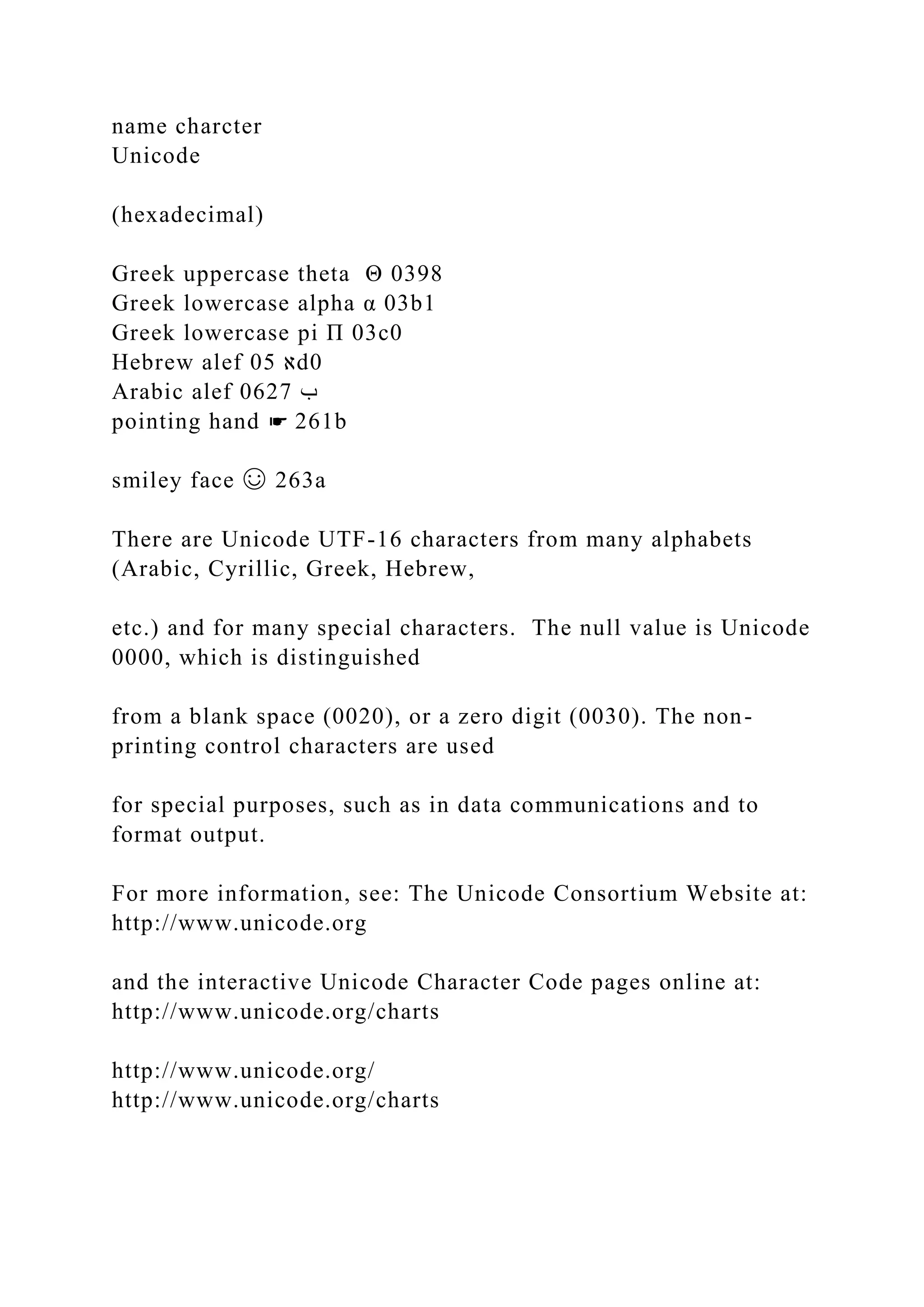 name charcter Unicode (hexadecimal) Greek uppercase theta Θ 0398 Greek lowercase alpha α 03b1 Greek lowercase pi Π 03c0 Hebrew alef 05 ‫א‬d0 Arabic alef 0627 ‫ب‬ pointing hand ☛ 261b smiley face ☺ 263a There are Unicode UTF-16 characters from many alphabets (Arabic, Cyrillic, Greek, Hebrew, etc.) and for many special characters. The null value is Unicode 0000, which is distinguished from a blank space (0020), or a zero digit (0030). The non- printing control characters are used for special purposes, such as in data communications and to format output. For more information, see: The Unicode Consortium Website at: http://www.unicode.org and the interactive Unicode Character Code pages online at: http://www.unicode.org/charts http://www.unicode.org/ http://www.unicode.org/charts 