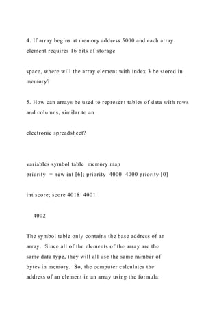4. If array begins at memory address 5000 and each array
element requires 16 bits of storage
space, where will the array element with index 3 be stored in
memory?
5. How can arrays be used to represent tables of data with rows
and columns, similar to an
electronic spreadsheet?
variables symbol table memory map
priority = new int [6]; priority 4000 4000 priority [0]
int score; score 4018 4001
4002
The symbol table only contains the base address of an
array. Since all of the elements of the array are the
same data type, they will all use the same number of
bytes in memory. So, the computer calculates the
address of an element in an array using the formula:
 