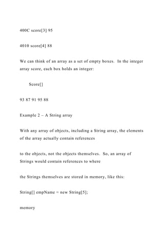 400C score[3] 95
4010 score[4] 88
We can think of an array as a set of empty boxes. In the integer
array score, each box holds an integer:
Score[]
93 87 91 95 88
Example 2 – A String array
With any array of objects, including a String array, the elements
of the array actually contain references
to the objects, not the objects themselves. So, an array of
Strings would contain references to where
the Strings themselves are stored in memory, like this:
String[] empName = new String[5];
memory
 