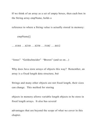 If we think of an array as a set of empty boxes, then each box in
the String array empName, holds a
reference to where a String value is actually stored in memory:
empName[]
….4184 ….4210 ….4258 ….510C ….4412
“Jones” “Goldschneider” “Brown” (and so on…)
Why does Java store arrays of objects this way? Remember, an
array is a fixed length data structure, but
Strings and many other objects are not fixed length, their sizes
can change. This method for storing
objects in memory allows variable length objects to be store in
fixed length arrays. It also has several
advantages that are beyond the scope of what we cover in this
chapter.
 