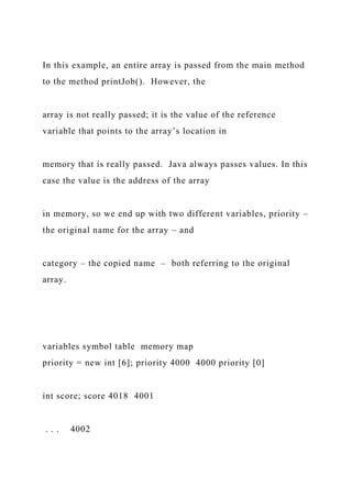 In this example, an entire array is passed from the main method
to the method printJob(). However, the
array is not really passed; it is the value of the reference
variable that points to the array’s location in
memory that is really passed. Java always passes values. In this
case the value is the address of the array
in memory, so we end up with two different variables, priority –
the original name for the array – and
category – the copied name – both referring to the original
array.
variables symbol table memory map
priority = new int [6]; priority 4000 4000 priority [0]
int score; score 4018 4001
. . . 4002
 