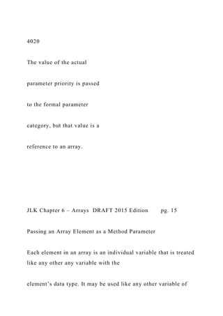 4020
The value of the actual
parameter priority is passed
to the formal parameter
category, but that value is a
reference to an array.
JLK Chapter 6 – Arrays DRAFT 2015 Edition pg. 15
Passing an Array Element as a Method Parameter
Each element in an array is an individual variable that is treated
like any other any variable with the
element’s data type. It may be used like any other variable of
 