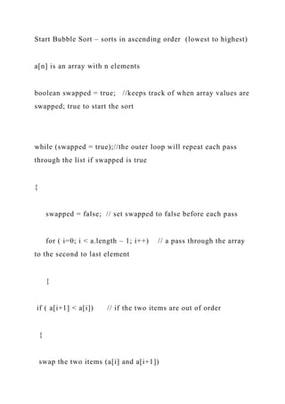 Start Bubble Sort – sorts in ascending order (lowest to highest)
a[n] is an array with n elements
boolean swapped = true; //keeps track of when array values are
swapped; true to start the sort
while (swapped = true);//the outer loop will repeat each pass
through the list if swapped is true
{
swapped = false; // set swapped to false before each pass
for ( i=0; i < a.length – 1; i++) // a pass through the array
to the second to last element
{
if ( a[i+1] < a[i]) // if the two items are out of order
{
swap the two items (a[i] and a[i+1])
 