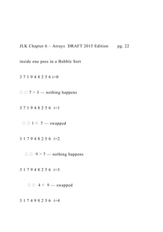 JLK Chapter 6 – Arrays DRAFT 2015 Edition pg. 22
inside one pass in a Bubble Sort
3 7 1 9 4 8 2 5 6 i=0
— nothing happens
3 7 1 9 4 8 2 5 6 i=1
— swapped
3 1 7 9 4 8 2 5 6 i=2
— nothing happens
3 1 7 9 4 8 2 5 6 i=3
— swapped
3 1 7 4 9 8 2 5 6 i=4
 