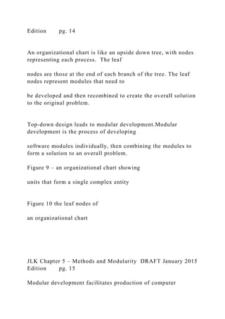 Edition pg. 14
An organizational chart is like an upside down tree, with nodes
representing each process. The leaf
nodes are those at the end of each branch of the tree. The leaf
nodes represent modules that need to
be developed and then recombined to create the overall solution
to the original problem.
Top-down design leads to modular development.Modular
development is the process of developing
software modules individually, then combining the modules to
form a solution to an overall problem.
Figure 9 – an organizational chart showing
units that form a single complex entity
Figure 10 the leaf nodes of
an organizational chart
JLK Chapter 5 – Methods and Modularity DRAFT January 2015
Edition pg. 15
Modular development facilitates production of computer
 