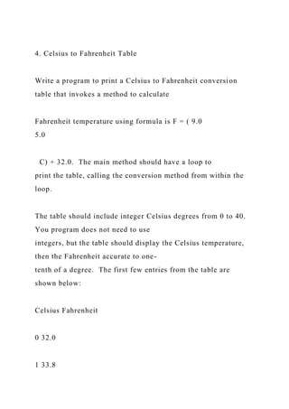 4. Celsius to Fahrenheit Table
Write a program to print a Celsius to Fahrenheit conversion
table that invokes a method to calculate
Fahrenheit temperature using formula is F = ( 9.0
5.0
C) + 32.0. The main method should have a loop to
print the table, calling the conversion method from within the
loop.
The table should include integer Celsius degrees from 0 to 40.
You program does not need to use
integers, but the table should display the Celsius temperature,
then the Fahrenheit accurate to one-
tenth of a degree. The first few entries from the table are
shown below:
Celsius Fahrenheit
0 32.0
1 33.8
 