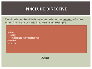 @INCLUDE DIRECTIVE
The @include directive is used to include the content of some
other file in the current file. Here is an example.

<html>
<body>
<%@include file=“test.txt” %>
</body>
</html>

ABC.jsp

 