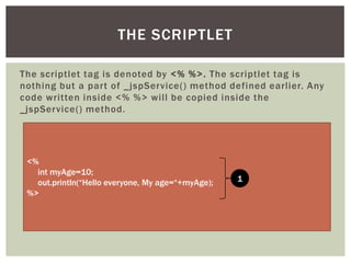 THE SCRIPTLET
The scriptlet tag is denoted by <% %>. The scriptlet tag is
nothing but a part of _ jspService() method defined earlier. Any
code written inside <% %> will be copied inside the
_jspService() method.

<%
int myAge=10;
out.println(“Hello everyone, My age=“+myAge);
%>

1

 