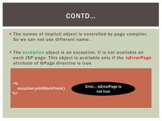 CONTD…
 The names of implicit object is controlled by page compiler.
So we can not use dif ferent name.
 The exception object is an exception. It is not available on
each JSP page. This object is available only if the isErrorPage
attribute of @Page directive is true.

<%
exception.printStackTrace();
%>

Error… isErrorPage is
not true

 